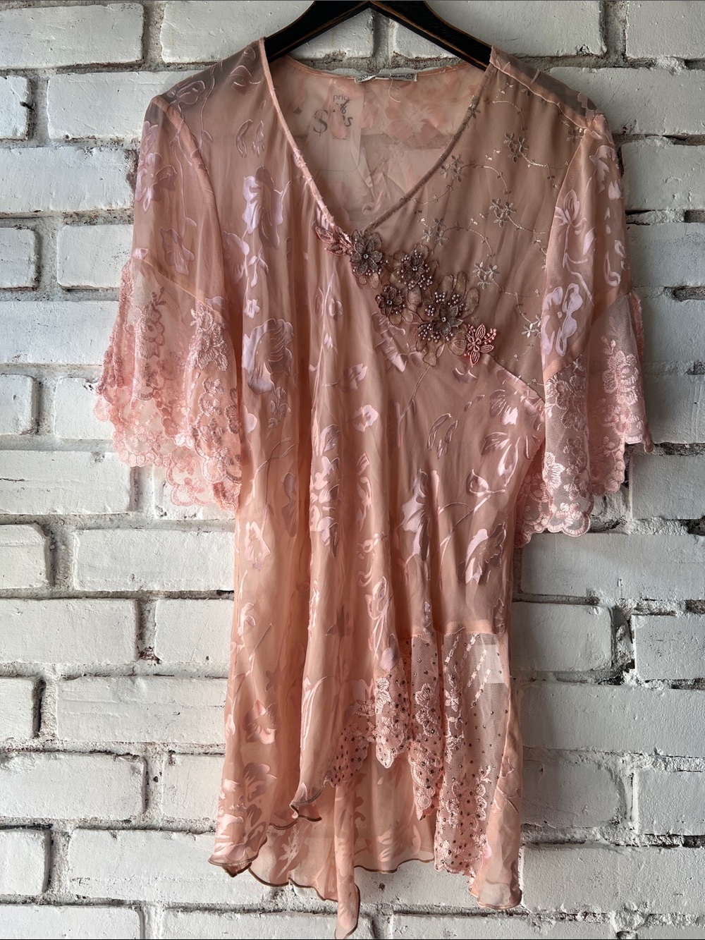 90s Spencer Alexis Blush Pink Floral Embroidered V-Neck Dress